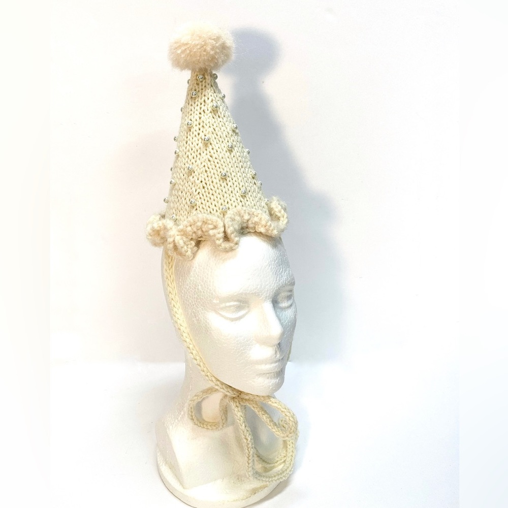 NWT Hand Knit Party Hat in Cream with Faux Pearls and Pom Pom One Size Fits Most - Picture 3 of 11